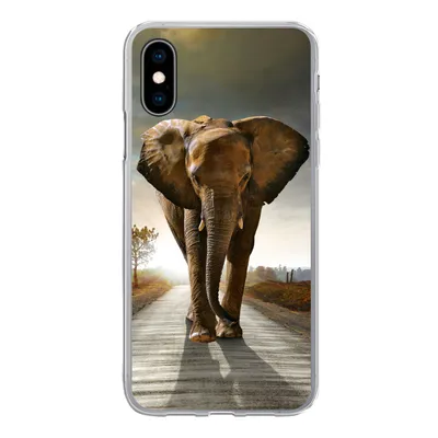 Produktbild von MuchoWow® Handyhülle Schutzhülle Hülle für iPhone X Elefant - Straße - Tiere - Sonnenuntergang - Landschaft Silikon Softcase Handy Hülle - Handyhülle