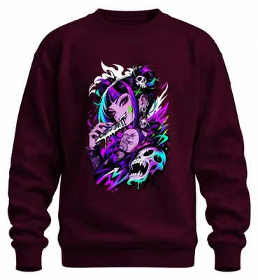 Zdjęcie produktu dla Bluza z kapturem w stylu cyberpunk, anime, motyw czaszki, neon, Japonia, Y2K, Harajuku, kolor burgundowy, rozmiar XL