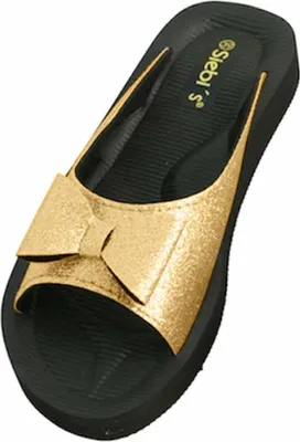 Produktbild von Damen Pantoletten mit Schleifen-Detail, offene Sandale, flache Sohle in Gold/Schwarz