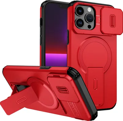 Immagine prodotto di Custodia magnetica per iPhone 13 Pro Max, custodia resistente a doppio strato con protezione scorrevole della fotocamera e supporto regolabile Rosso
