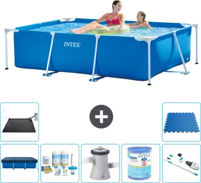 Obrázok produktu pre Bazén Intex s obdĺžnikovým rámom - 220 x 150 x 60 cm - modrý - obsahuje kryt - balík na údržbu - filtračné čerpadlo pre bazén - filter - vysávač - solárna podložka