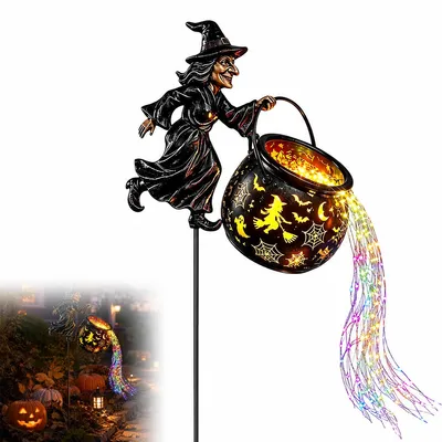 Produktbild von Halloween Solar Gartenlampe im Kessel-Design, wasserdichte Gießkannen Laterne mit Hängeleuchte, Outdoor Deko für Garten, Beet und Terrasse