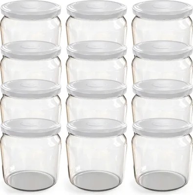 A grid of empty glass jars with white lids.