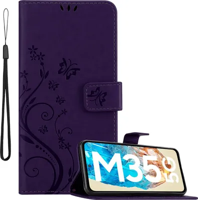 Produktbild von Cadorabo Hülle für Samsung Galaxy M35 Hülle in FLORAL DUNKEL LILA Schutzhülle im Blumen Design mit Magnetverschluss, Standfunktion und Kartenfächern Book Case Cover