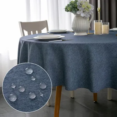 Obrázek produktu pro Kulatá ubrus, odolná proti skvrnám, modrá, polyester, vzhled lnu, průměr 120 cm