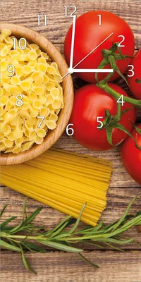Produktbild von Wallario Design Wanduhr Spaghetti mit Tomaten, Knoblauch und Basilikum aus Echtglas, Größe 30 x 60 cm