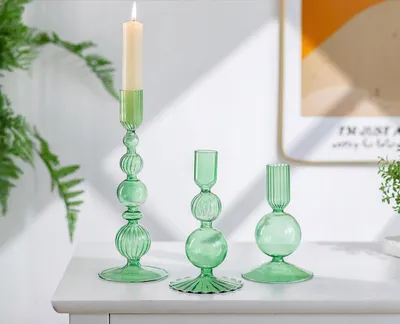Obrázok produktu pre 3x zelené sklenené svietniky, 12 cm, 15 cm a 20,5 cm, na svadobné stoly a sviatky