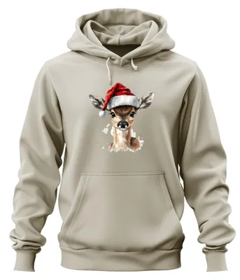 Productafbeelding van Hertenvacht, kerst, aquarel, schattig, cadeau, lief, kerstman, uni hoodie, sweater met capuchon, natuur, maat L