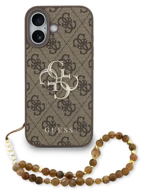Obrázek produktu pro Pouzdro na iPhone 17 Guess z umělé kůže, hnědé, s velkým zlatým logem a řetízkem