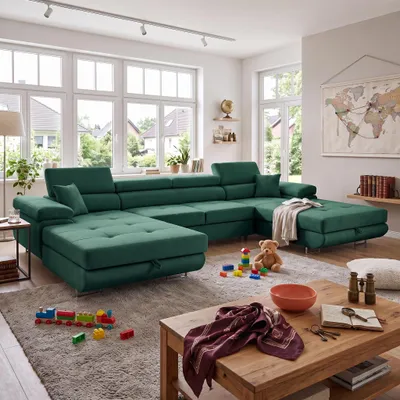 Produktbild von MUFFO Ecksofa U-Form ALONZO U mit Schlaffunktion 130x280 Velours Grün, KI-generiertes Bild