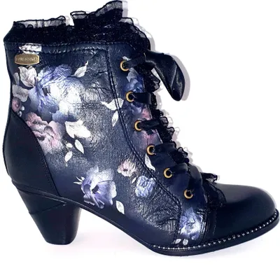 Produktbild von LAURA VITA Schnürstiefelette Alcizeeo 78 dorian schwarz-grau-multi geblümt mit Zipper und kleinem Trichterabsatz, Lederinnensohle, Weite G, Größe 39