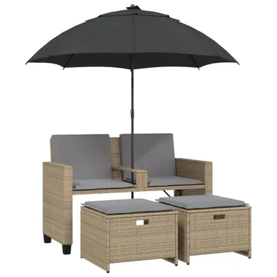 Image de vidaXL Canapé de jardin 2 places parasol et tabouret Beige Poly-Rotin