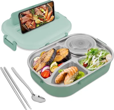 Productafbeelding van Famanu Thermische Lunchbox met 4 compartimenten - Roestvrij staal, draagbaar, geschikt voor studenten en kantoormedewerkers