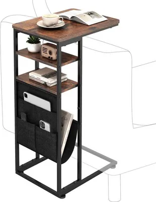 Produktbild von Unyqoos® C‑förmiger Beistelltisch, industrielles Design mit Metallgestell, 3 Ebenen Aufbewahrung, rustikales Braun, verstellbare Füße & Taschen