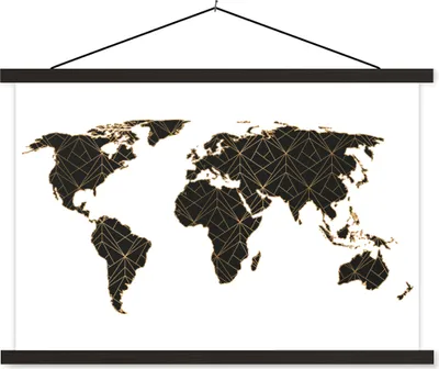 Produktbild von MuchoWow® Textilposter Weltkarte - Schwarz - Gold - Kinder - Jungen - Mädchen 150x100 cm mit schwarzem Rahmen - Schlafzimmer