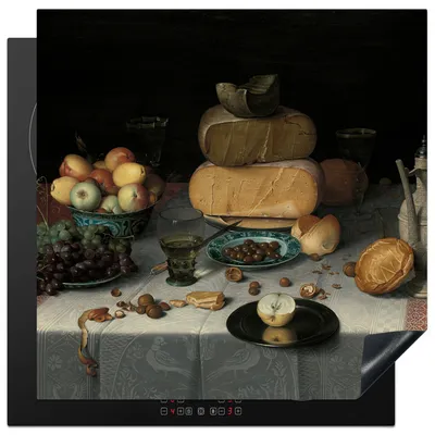 Produktbild von KitchenYeah© Herdabdeckplatte Stilleben mit Käse - Gemälde von Floris Claesz. van Dijck , 78x78cm, Küche Deko, Glaskeramikkochfeld Herdabdeckung, Abdeckplatte fùr Kochfeld