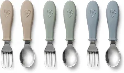 Produktbild von 6 Stück Babybesteck - Kleinkindbesteck mit 3 Löffeln & 3 Gabeln - BPA-frei - Beige/Grün/Blau - Hygiene und Safe für