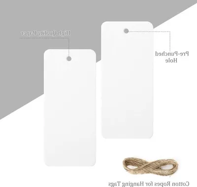 200 Weiße Hangtags 4 × 9 cm, Rechteckige Geschenkanhänger mit Loch und Juteband, Kraftpapieretiketten für DIY-Geschenke