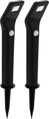 Two black solar garden lights with stakes.