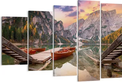 Produktbild von Bild auf Leinwand - Leinwandbild - 5 Teile - Boote Berge See - 150x100cm - Wand Bild - Wanddeko - Wandbilder - Leinwanddruck - Bilder - Wanddekoration - Leinwand bilder - Wandbild - EG150x100-4638