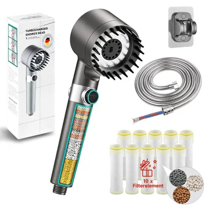 Produktbild von Gefilterter Duschkopf mit Handbrause, 10 Ersatzfilter, 2 m Schlauch Gefilterter Duschkopf mit Halterung,3+1 Strahlarten, Handbrause für hartes Wasser