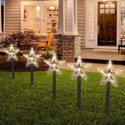 Image de Peviasot, lot de 5 décorations de Noël en forme d'étoile, lumière blanche chaude, LED, avec fonction minuterie 6/18 heures, 36 cm