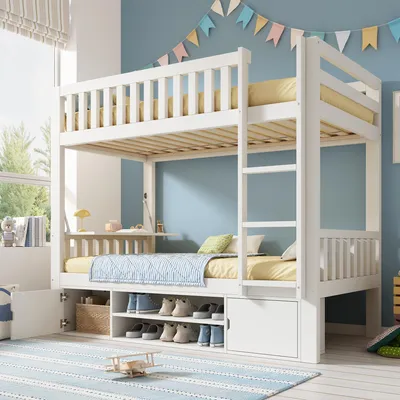 Immagine prodotto di Letto a castello Flieks 90x200 cm con tavolino ribaltabile, letto a soppalco con scarpiere, letto singolo per bambini con protezione anticaduta e scaletta, bianco