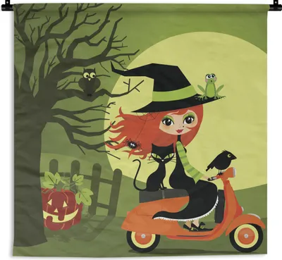 Produktbild von MuchoWow® Wandteppich Wandbehang Illustration einer Hexe auf einer Vespa 120x120 cm Tapisserie Dekoration Wandtuch - Modern - Baumwollgewebe
