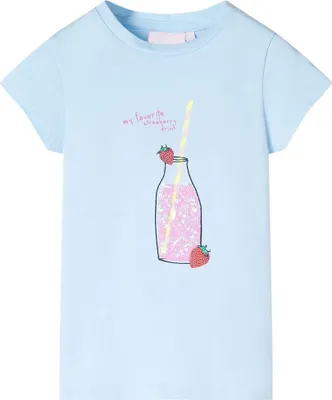 Produktbild von Kinder-T-Shirt Hellblau Größe 140 mit Erdbeergetränk-Aufdruck