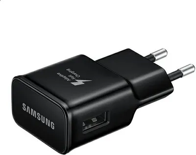 A black Samsung fast charging adapter with USB port and European plug.