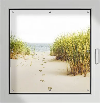 Produktbild von Wallario Lichtschutzbild, Dekorativer Sichtschutz Sonnenschutz 96 x 93 cm mit Motiv: Spuren im Sand- Fußspuren durch die Düne zum Meer - Verdunklung ohne Bohren