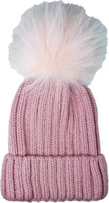 Produktbild von Damen Beanie Strickmütze mit Fellbommel - Rosa