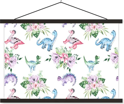 Produktbild von MuchoWow® Textilposter Dinosaurier - Kinderzimmer - Blumen - Mädchen - Kinder - Rosa - Kind 60x40 cm mit schwarzem Rahmen - Hölzernes