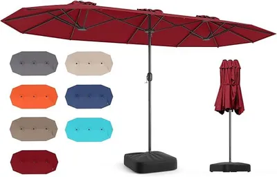 Productafbeelding van Dubbele zonnescherm, 400 x 200 cm, zonnescherm met standaard en handkurbel, tuinscherm met UV-bescherming UPF 50+, marktscherm groot, terraszonnescherm voor tuin, terras, zwembad (wijnrood, zonder LED)