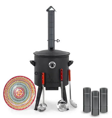 Produktbild von Utschak Feuerofen Ø 40 cm + Gusseisen-Kasan 12 L, runder Boden + Küchenzubehör, Usbekischer Kochtopf aus Gusseisen