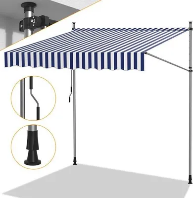 Imagen del producto de Protección solar para terrazas y balcones sin necesidad de taladrar: toldo ajustable para balcón con manivela, de 250 cm, en color azul y blanco