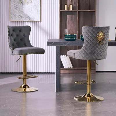 Produktbild von Barhocker 2er Set Samt Höhenverstellbar mit Lehne und Fußstütze Golden Grau Drehbar
