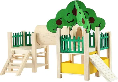 Produktbild von Hamsterhaus und Verstecke, Spielplatz-Villa mit Röhrentunnel, Kletterleiter, natürliche Holzspielzeuge, Zäune und Dach