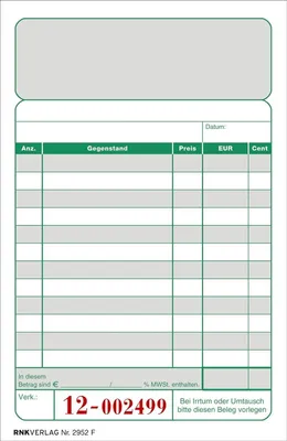 Immagine prodotto di RNK Verlag 2952F Blocco per registratori di cassa - bicolore - pinzato in alto, 2 x 50 fogli, 96 x 167 mm, numerato