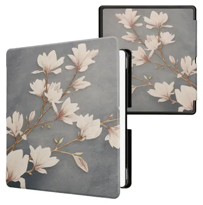 Produktbild von kwmobile Schutzhülle für Amazon Kindle Scribe (2024) Hülle - eReader Flip Case mit Auto Sleep Funktion - Magnolien mit Taupe Weiß Blaugrau