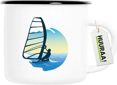 Produktbild von Huuraa Emaille Tasse Windsurfer Surfen 300ml Vintage Campingbecher Geschenkidee
