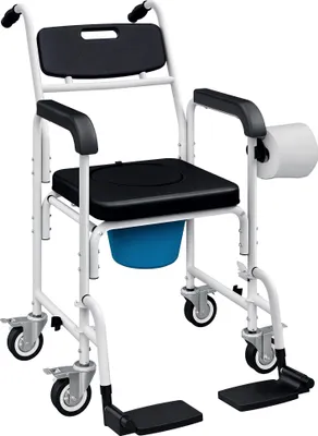 Image de HOMCOM Chaise percée adulte à roulettes, chaise percée toilette de douche, repose-pieds, dossier, accoudoirs, pot amovible, pour personnes âgées, handicapés et patients, imperméable, aluminium, noir