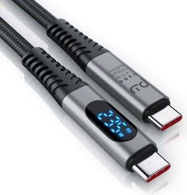 A close-up shot of a USB-C cable with a digital display showing power output.