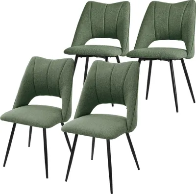 A set of four green dining chairs with black metal legs, arranged on a white background.