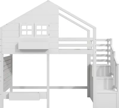Immagine prodotto di Letto a castello, letto a soppalco, lettino 90x200 cm con sponda di protezione e scaletta con contenitore, letto per ragazzi, con finestra, legno massello, bianco