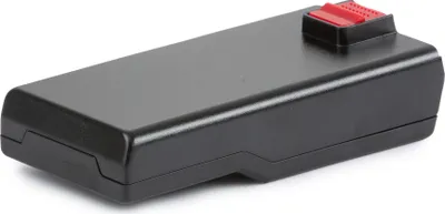 A black battery pack with a red connector on top, shown on a white background.