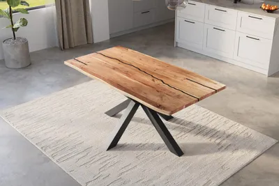 Produktbild von Baumkantentisch 140 x 80 cm Polly, Epoxidharz-Adern in Schwarz, Akazienholz massiv + naturfarben, Esstisch mit Spider-Eisengestell Schwarz, Tischplatte 26 mm, echte Baumkante