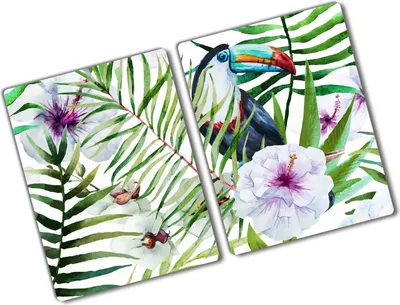Produktbild von Tulup Glas Herdabdeckplatte - 2x40x52 cm - Glaskeramikkochfeld-Abdeckung Spritzschutz Glasabdeckplatte Kochplattenabdeckung und Schneidebrett - Zweiteilig - Tiere - Tropischer Tukan - Mehrfarbig