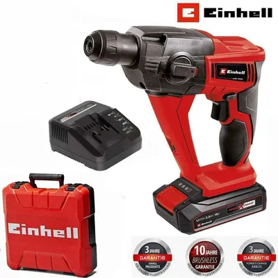 A red and black Einhell cordless hammer drill with its charger and carrying case, presented on a white background with marketing badges.