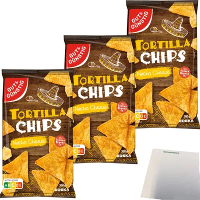 Produktbild von Gut & Günstig Tortillachips Cheese Mais-Chips mit Käsegeschmack 3er Pack (3x300g Packung) + usy Block